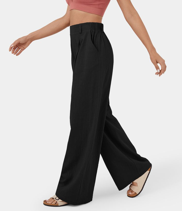 High Waisted Plicated Side Pocket Wide Leg Flowy Solid Palazzo Casual Linen-Feel Pants | HALARA