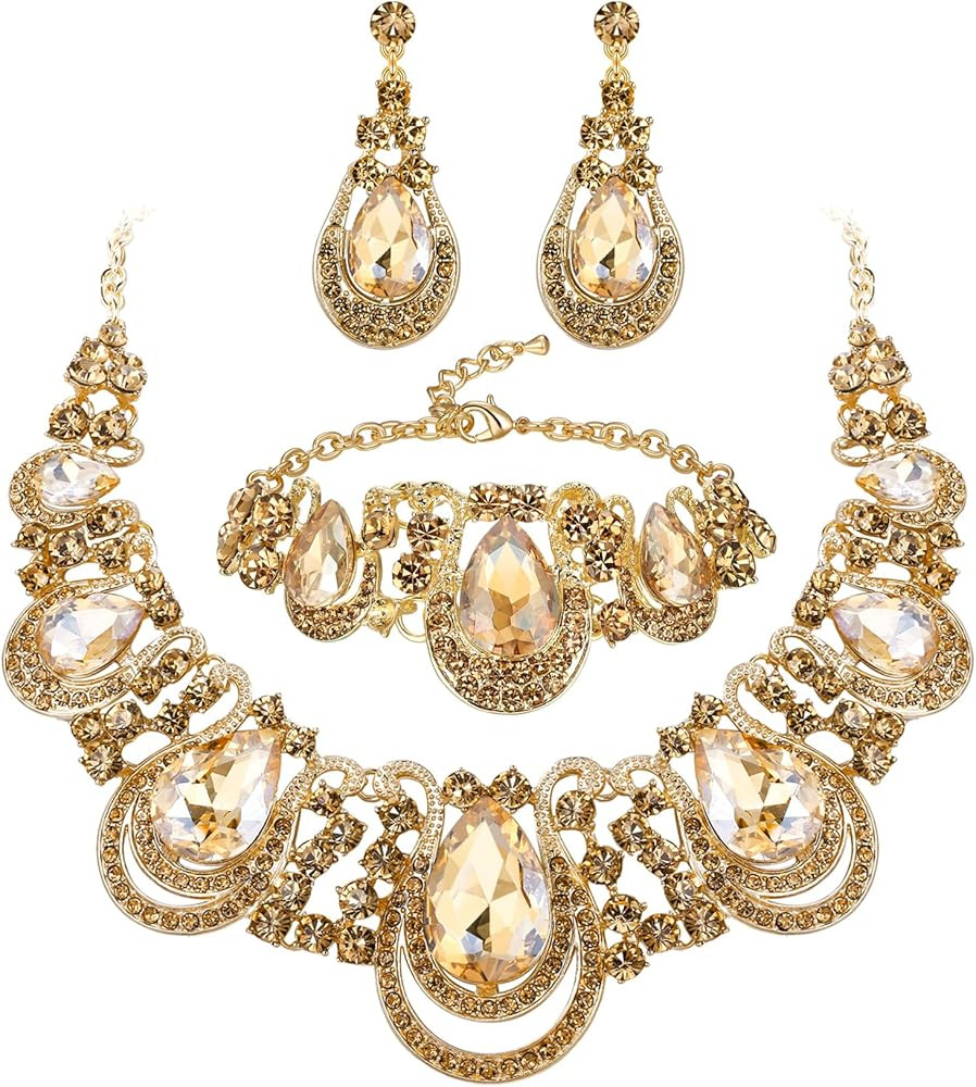 BriLove Women's Teardrop Crystal Statement Necklace Cluster Hollow Dangle Earrings Chain Bracelet... | Amazon (US)