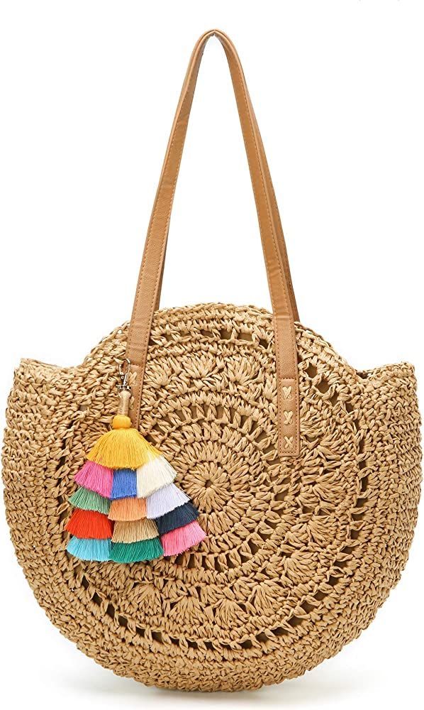 Straw Bag, Summer Beach Straw Bag For Women, Straw Purse, Round Large Woven Tote Handbags | Amazon (US)