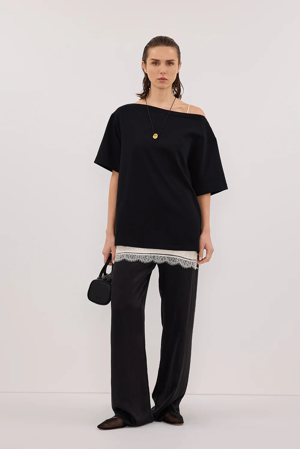 ESME BLACK ASYM BOAT NECK TEE | DISSH
