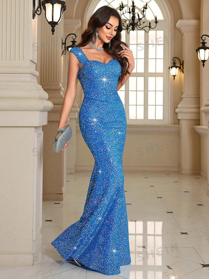 SHEIN Belle Sequins & Rhinestone Decor Collar, Bodycon, Fish Tail Hem Maxi Dress | SHEIN