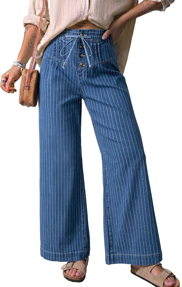 Dokotoo Women's Wide Leg Baggy Jeans Drawstring Striped Button Denim Pants | Amazon (US)
