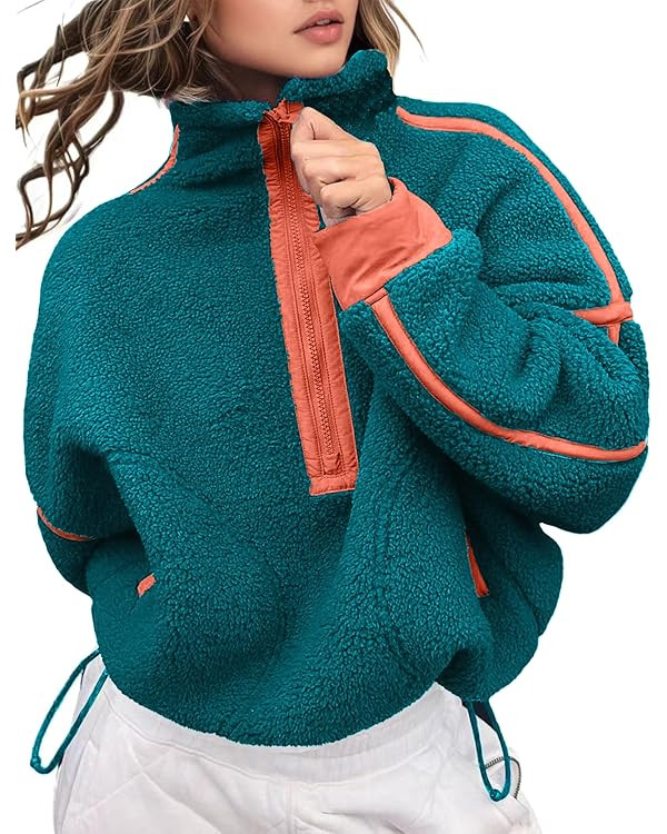 Women's Fleece Sweatshirts Half Zip Pullover Long Sleeve Oversized Workout Crop Tops Hoodie with ... | Amazon (US)