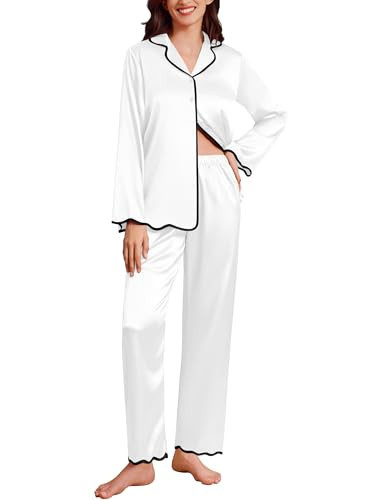 Ekouaer Women Silk Pajamas Set Long Sleeve Silky Pjs 2 Piece Silk Louge Sets White Satin Pajamas for Women Small | Amazon (US)