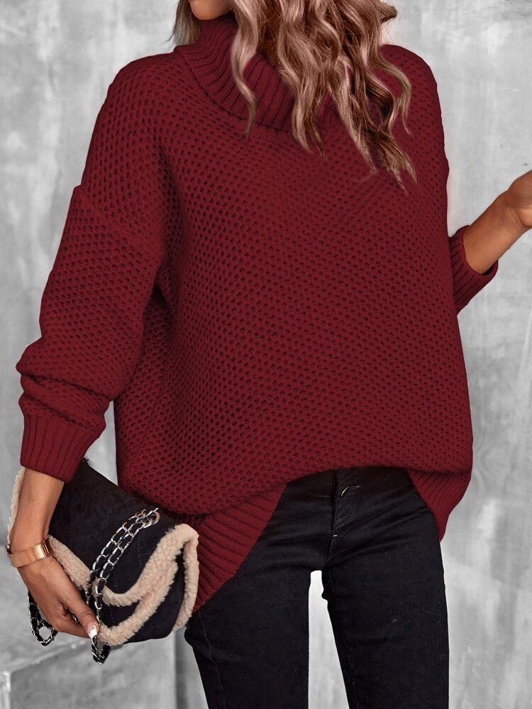Turtleneck Drop Shoulder Pointelle Knit Sweater | SHEIN
