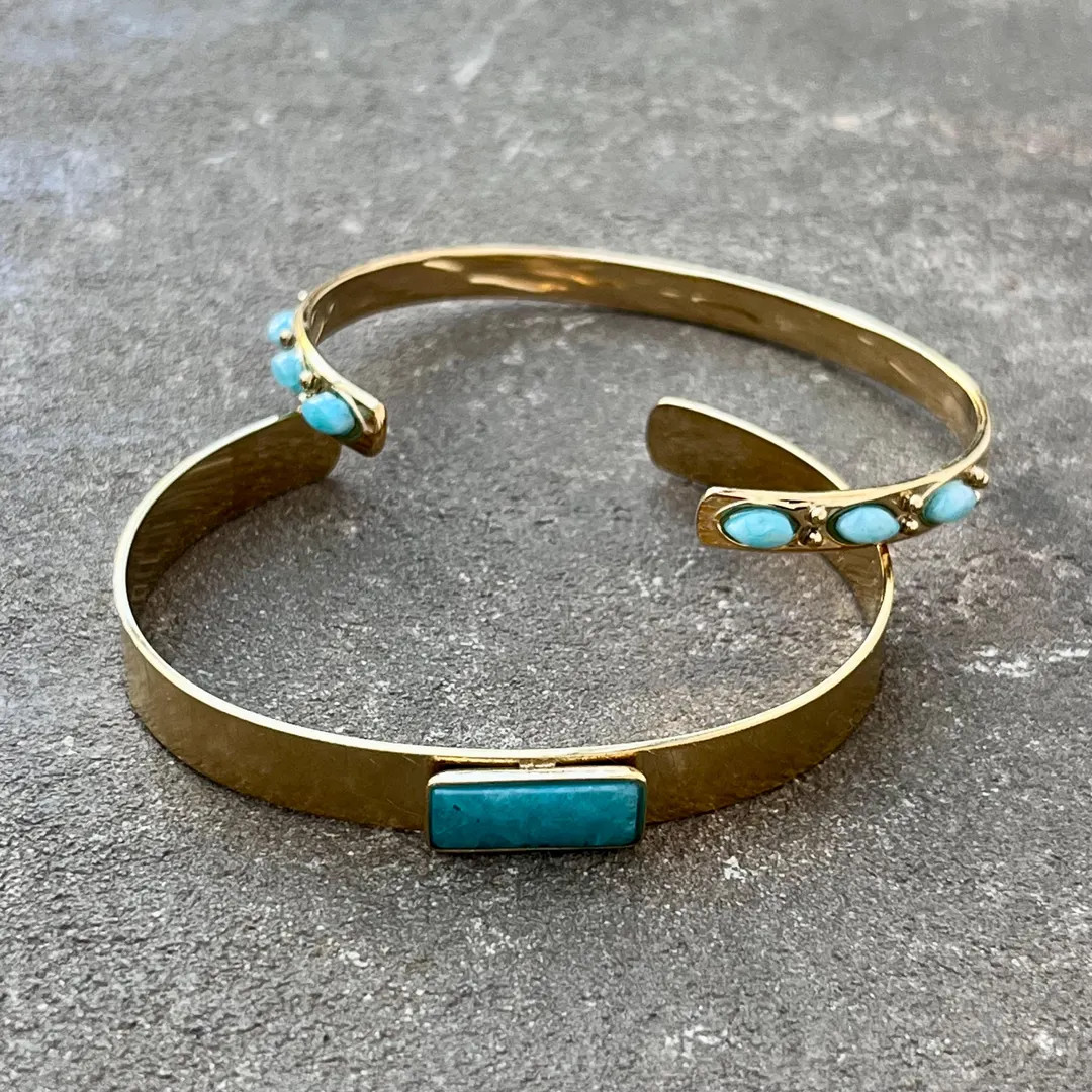 Adjustable Gold Bangle Cuff Bracelet With Turquoise Stone - Etsy | Etsy (US)