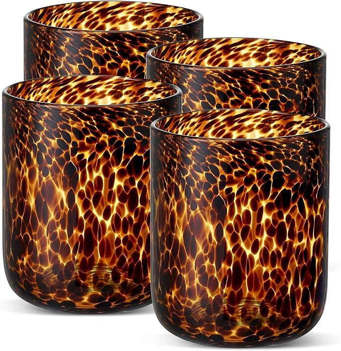 Honeydak Set of 4 Tortoise Leopard Print Brown 10 oz Rocks Glasses Stylish Stemless Cocktail Cups... | Amazon (US)