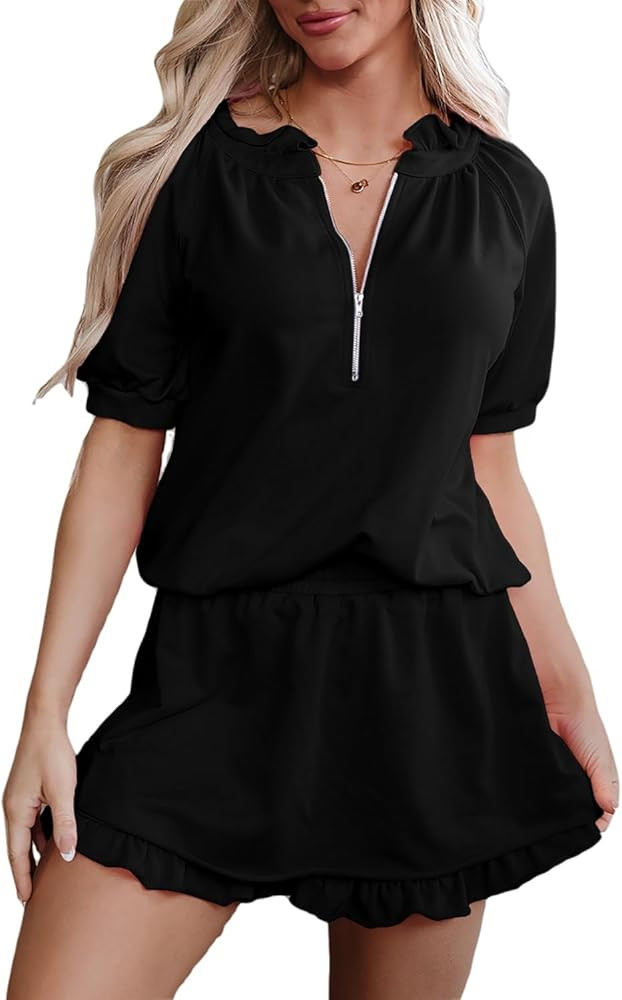 KevaMolly Women's 2 Piece Lounge Sets Casual Short Sleeve Outfits Half Zip Puff Sleeve Top and Ru... | Amazon (US)