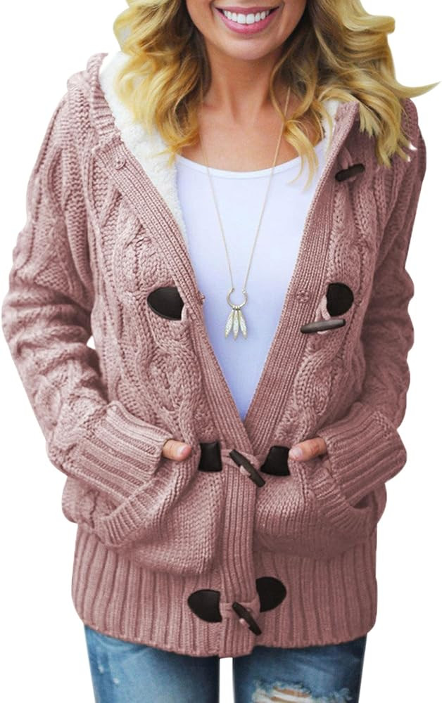 Dokotoo Womens 2024 Winter Hooded Cardigans Button Up Cable Knit Sweater Coat Outerwear with Pock... | Amazon (US)