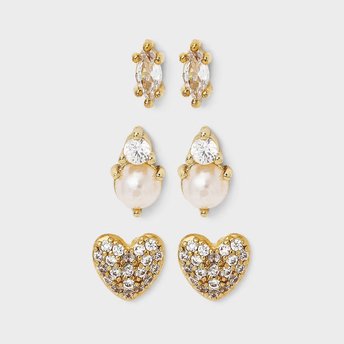 14K Gold Dipped Cubic Zirconia Heart Pearl Stud Earring Set 3pc - A New Day™ Gold/Ivory | Target