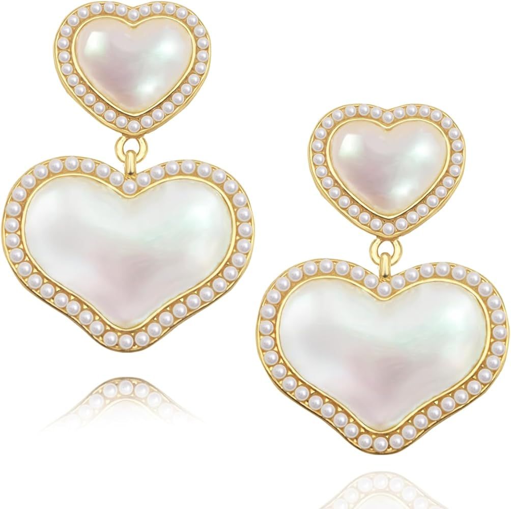 Pearl Drop Earrings for Women 18K Plated Gold S925 Sterling Silver Post Pearl Heart Earrings Dang... | Amazon (US)