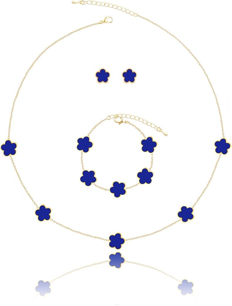 Four Leaf Clover Necklace Bracelet and Stud Earrings Set for Women Lucky Flower 14K Gold Jewelry | Amazon (US)