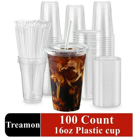 Treamon Clear Plastic Cups with Lids and Straws, Disposable Party Iced Coffee Cups, 16 oz, 100 Count | Walmart (US)