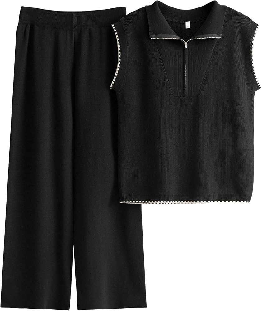 Tanming Two Piece Sets for Women Summer Sleeveless Half Zip Sweater Vest Wide Leg Pants Sweatsuit... | Amazon (US)