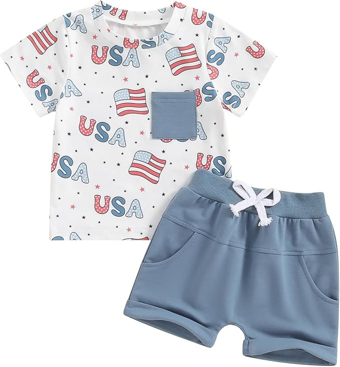 4th of July Baby Boy Outfit USA Flag Short Sleeve Shirt Elastic Shorts 2Pcs Toddler Boys Fourth o... | Amazon (US)