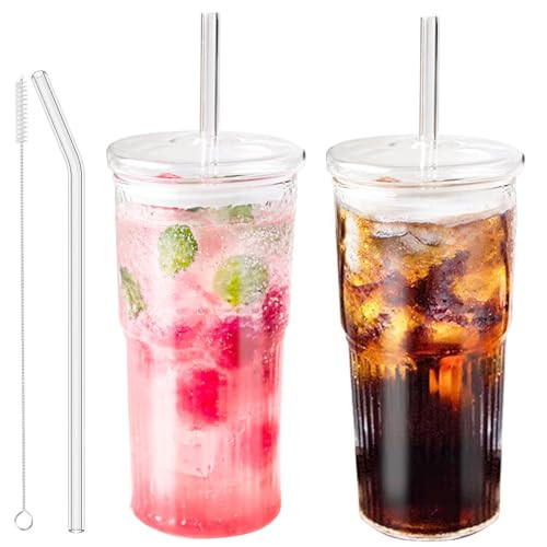 Glass Tumbler with Straw and Lid, 20 OZ Clear Iced Coffee Glasses Cups for Ice Water, Juice, Tea, Milk, Smoothie and Cold or Hot Drinks, Set of 2 | Amazon (US)