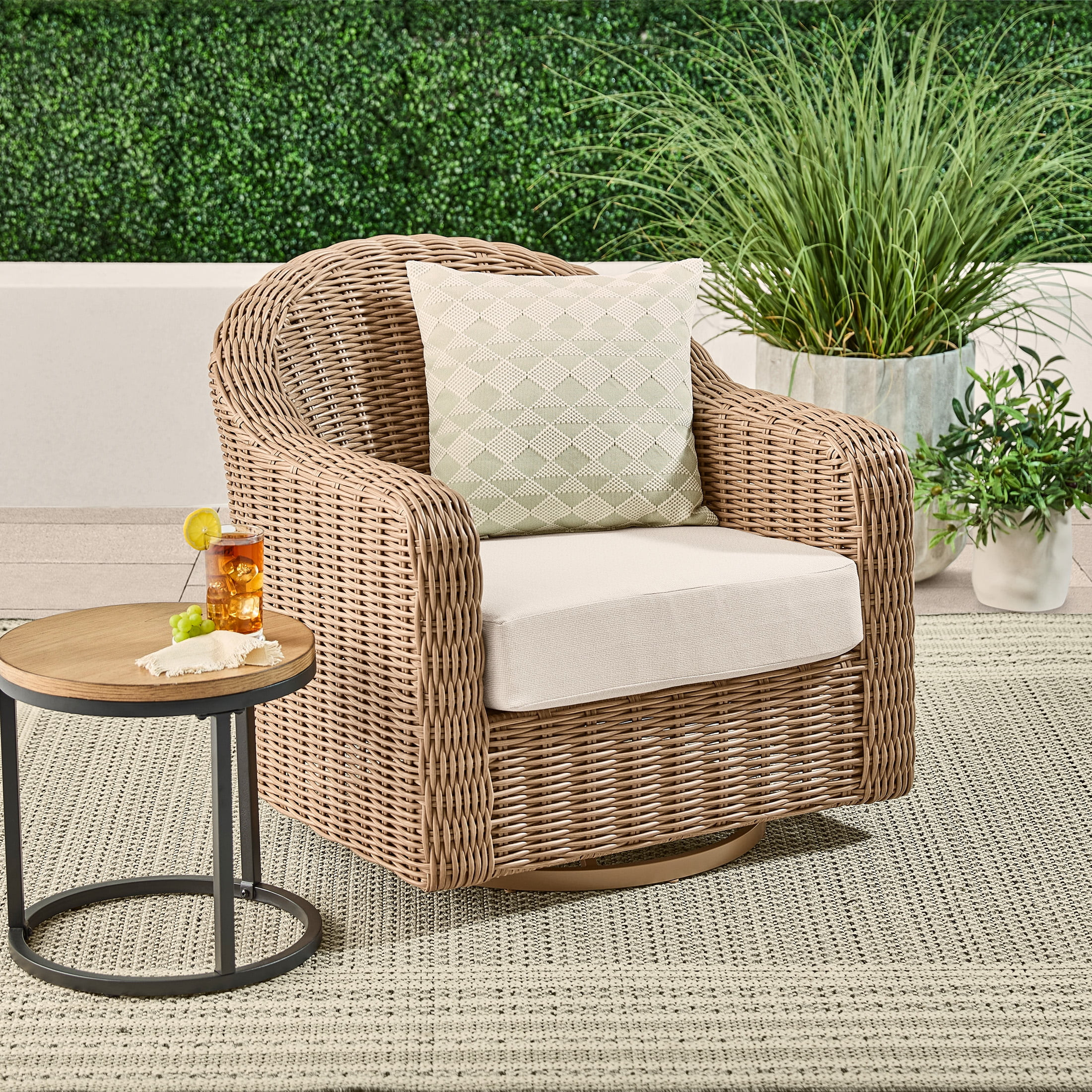Better Homes & Gardens Bellamy Outdoor 1pk Swivel Glider Chair, Tan Wicker/Cream Cushion | Walmart (US)