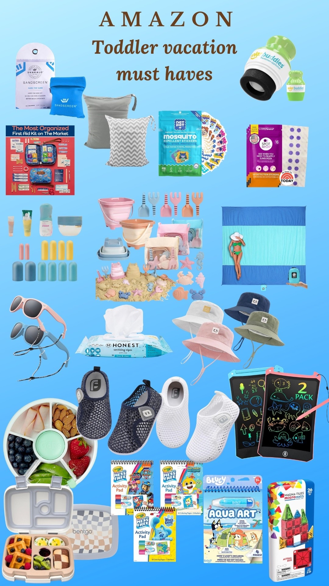 Amazon toddler vacation must haves that actually make travel easier. From beach days to long car rides, these are the products I keep coming back to for stress free travel with little ones.
Sandscreen sand repellent, wet dry bags, mosquito repellent stickers, UV detection stickers, kids first aid kit, collapsible beach toys, sand free beach blanket, toddler bucket hats, polarized toddler sunglasses, Honest sanitizing wipes, Solar Buddies sunscreen applicator, water shoes for toddlers, snack spinner, Bentgo kids lunchbox, Crayola Mess Free activity pads, Bluey Aqua Art, Magna Tiles Micro Mags, LCD drawing tablets.

toddler travel essentials, Amazon toddler finds, beach day with toddlers, toddler vacation must haves, travel with kids, toddler beach gear, sand free beach mat, toddler sun protection, kids water shoes, mess free travel activities, snack containers for toddlers, toddler travel bag, family beach vacation, toddler summer essentials, LTK toddler, LTK kids, LTK family

#toddlertravel #toddlermom #amazonforkids #ltkkids #ltkfamily #ltktravel #toddleressentials #beachkids #familyvacation #travelwithkids #toddlerlife #summerwithkids #kidsbeachday #momsofltkapp #amazonfinds #toddlermustHaves #sandboxkids #messfreefun #kidsactivities #sunprotectionforkids

#LTKTravel #LTKKids #LTKmomlife