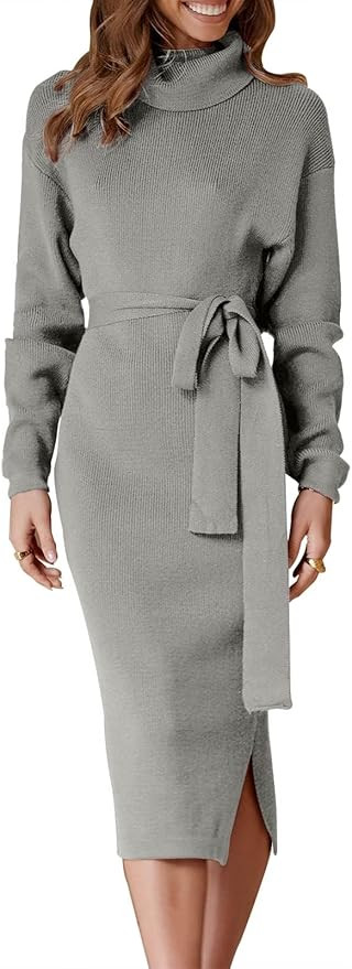 ANRABESS Women's Turtleneck Long Batwing Sleeve Chunky Knit Slit Slim Bodycon Tie Waist Pullover ... | Amazon (US)