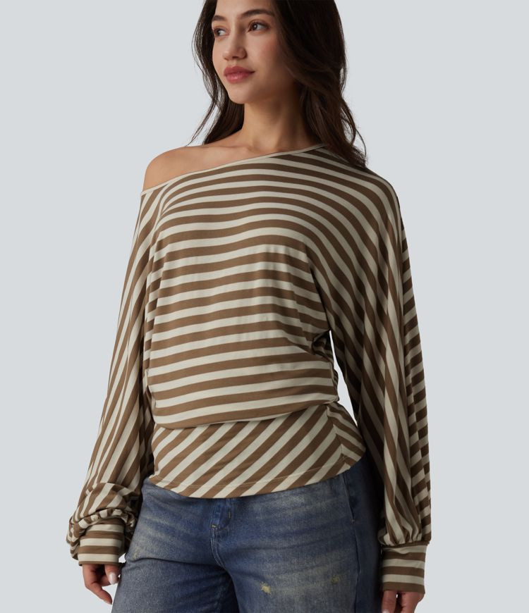 Women’s One Shoulder Long Sleeve Stripe Casual Top - Halara | HALARA