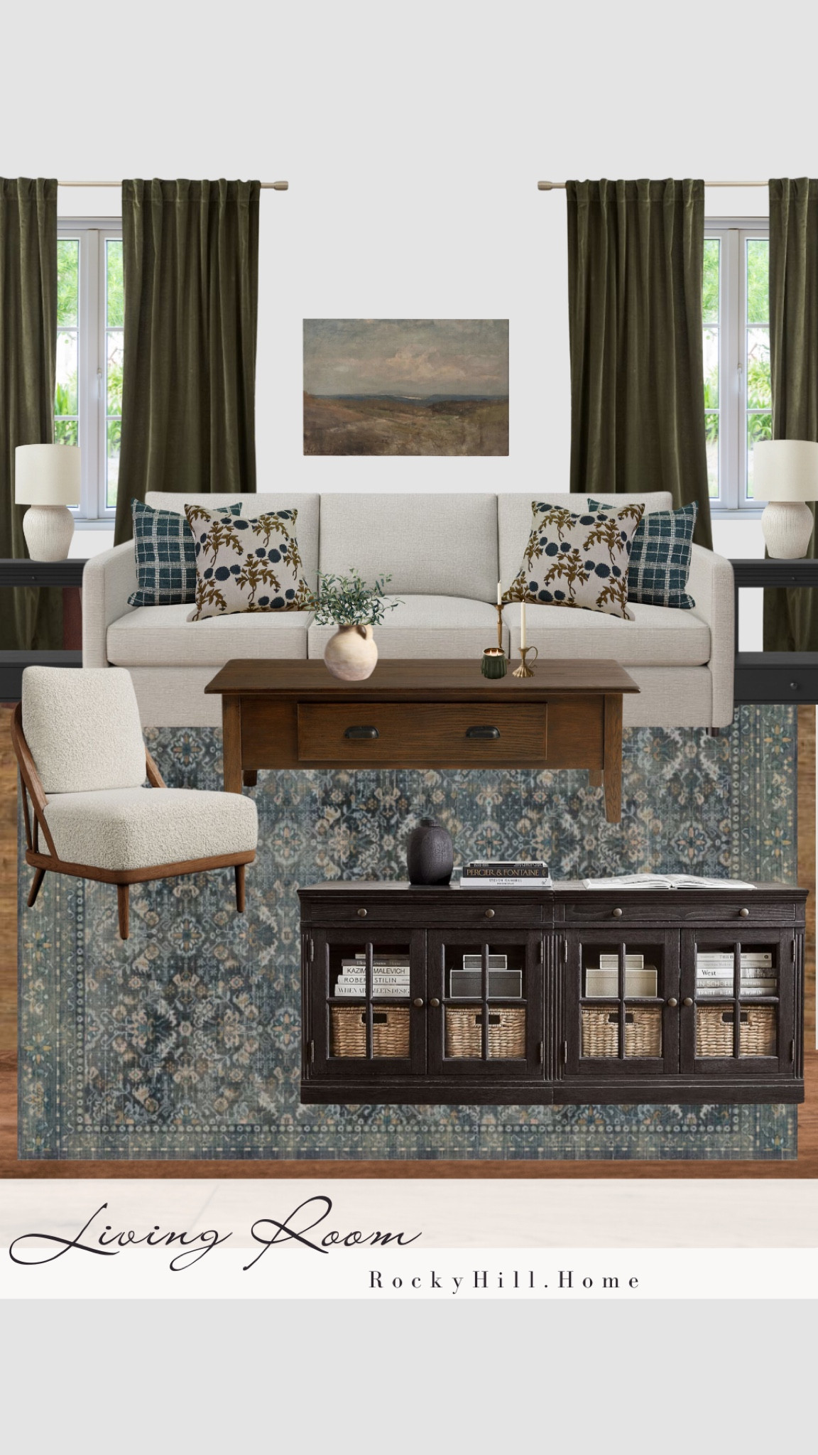 A cozy modern traditional living room or family room in a palette of blue, green, ivory, and warm wood tones. Featuring Pottery Barn, West Elm, a Ruggable washable rug, and affordable lamps from Walmart. 

#LTKHome #LTKFindsUnder100 #LTKStyleTip
