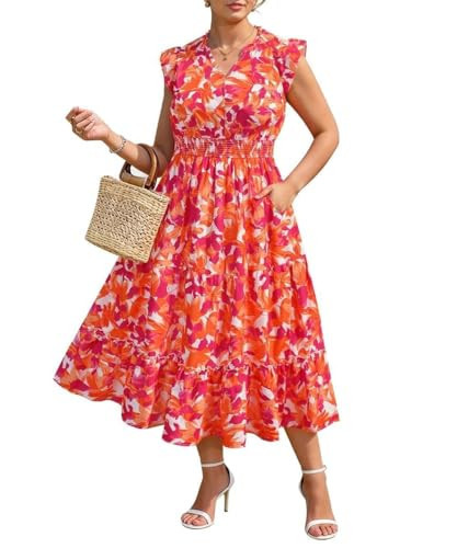 RITERA Plus Size Dress for Curvy Women 2X Summer Orange & Pink Floral Maxi Dress Cap Sleeve V Neck Ruffle Sundress Boho Casual Beach Long Dresses Wedding Guest Dresses 2XL 18W 20W | Amazon (US)