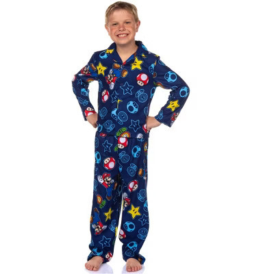 Super Mario Kid's AOP s 2-Piece Button Down Coat Pajama Pant Set (10) | Target