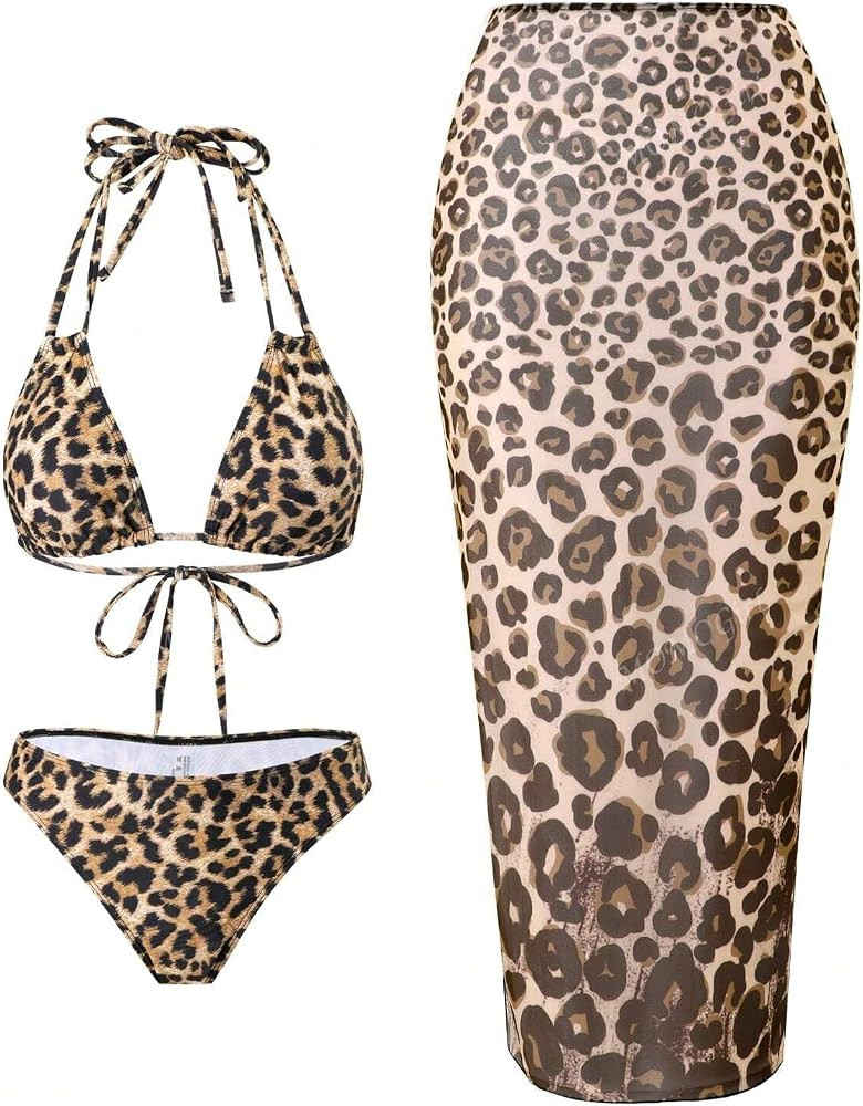 ZAFUL Womens 3pcs Swimsuit Floral Halter Triangle Bikini Top Tie Side Bottom with Long Sheer Cove... | Amazon (US)