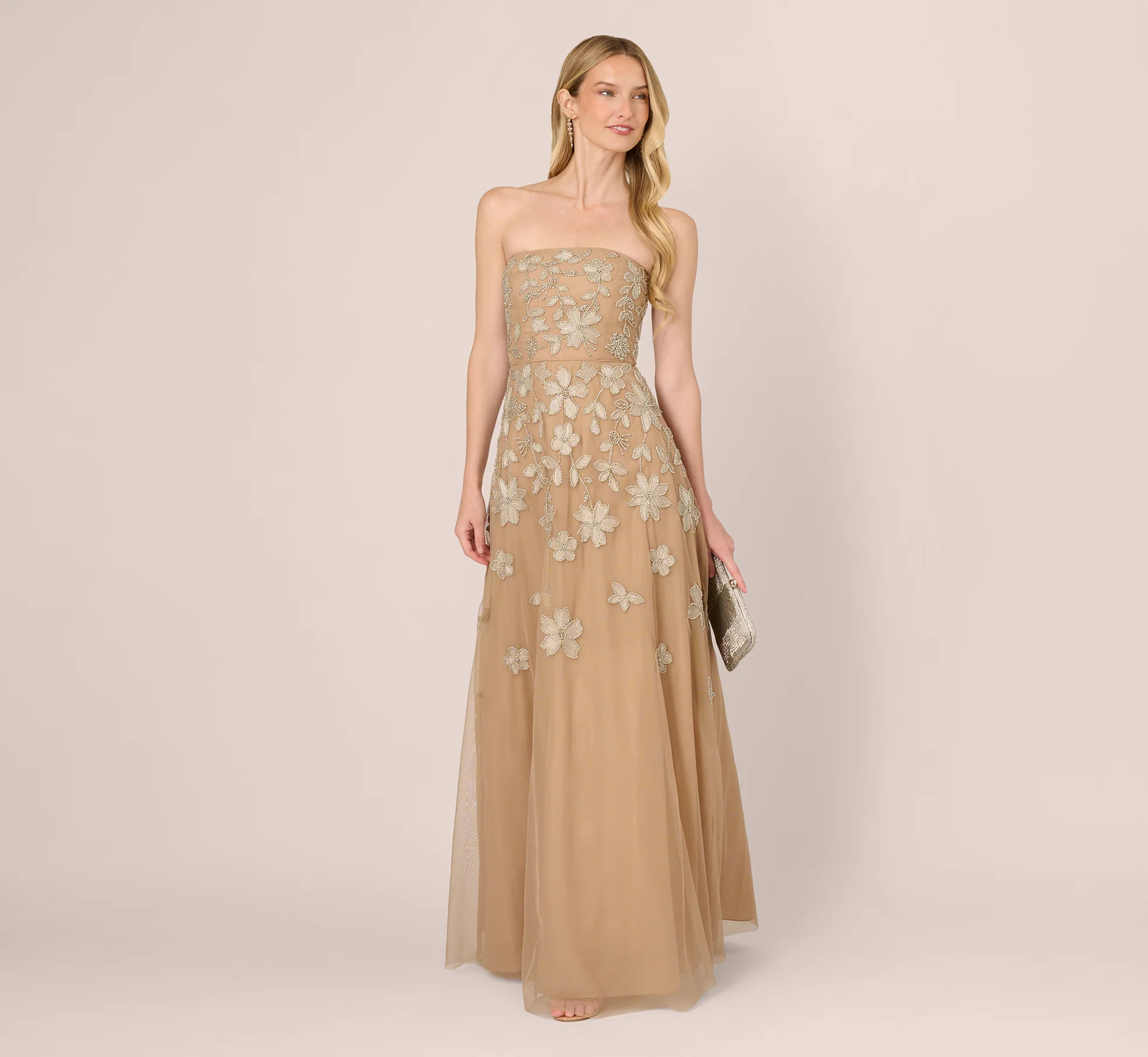 Strapless Floral Beaded Embroidery Gown In Taupe Pink | Adrianna Papell