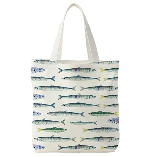 BNHJKFQZ Sardine Fish Beach Canvas Tote Bag 15x15 Inches, Fish Gifts for Women, Coastal Beach Fishing Tote Bags for Grocery Shopping | Amazon (US)