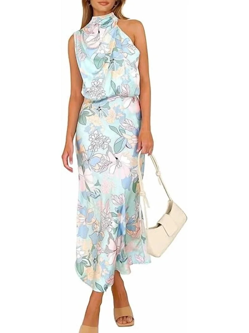 PRETTYGARDEN Women's Summer Satin Dress Elegant Sleeveless Mock Neck Cocktail Party Maxi Dresses | Walmart (US)