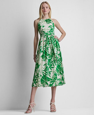 DKNY Women's Sleeveless Halter Neck Belted Fit and Flare Maxi Dress - Macy's | Macy's