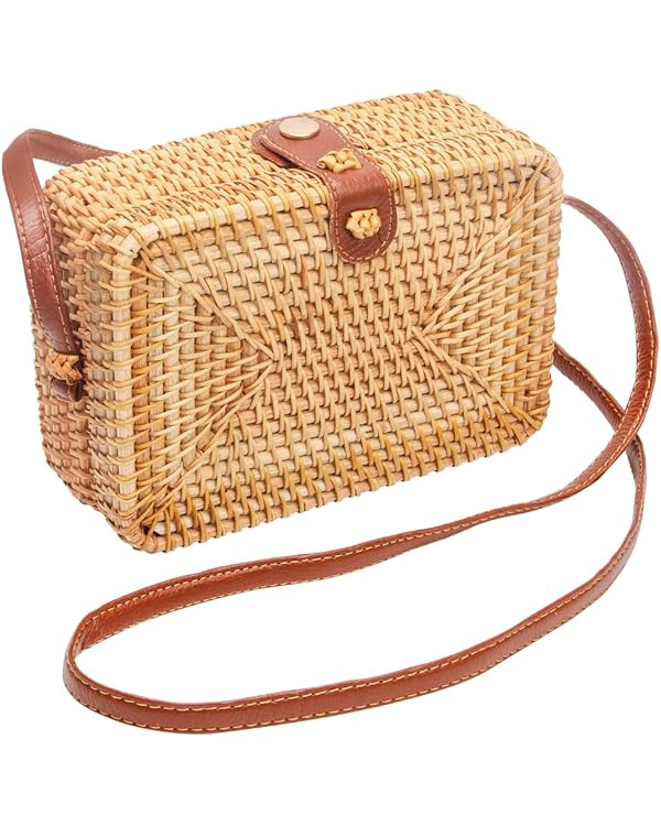 CrazyPiercing Wicker Round Square Crossbody Rattan Bag, Women Boho Bag Clutch Woven Handbag | Amazon (US)