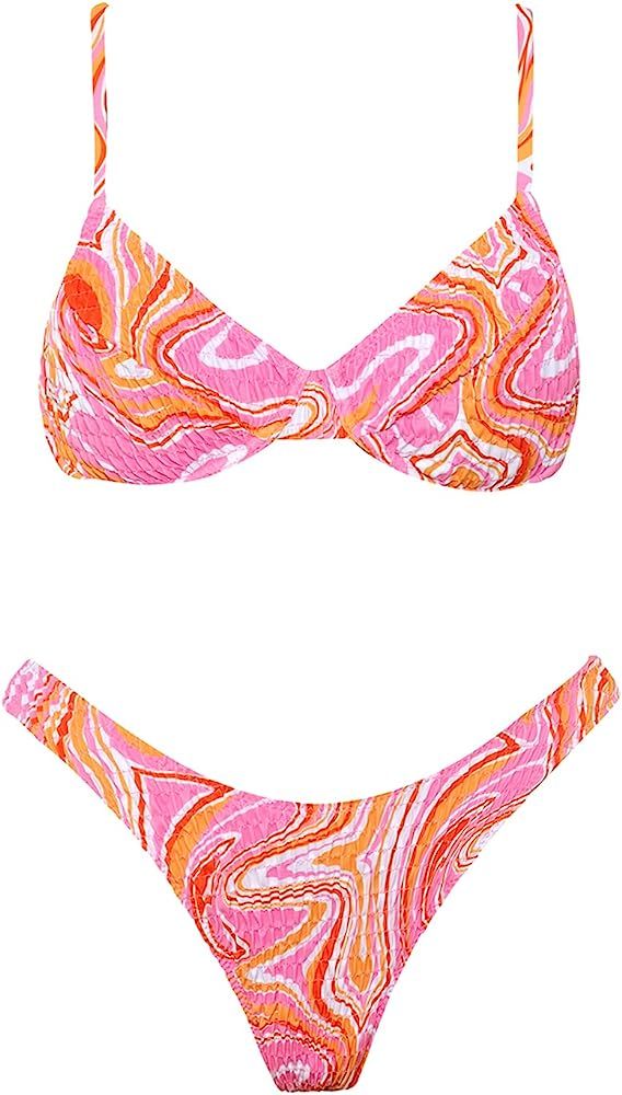 VOLAFA Women's Push Up Swimsuit Triangle Bikini Elastic Smocked Ruched Two Piece Bathing Suit | Amazon (US)