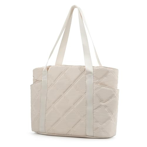 SUPACOOL Tote Bag for Women, Lightweight Puffy Tote Bags with Zipper, Large Quilted Shoulder Bag for Shopping, Work, College(Beige) | Amazon (US)