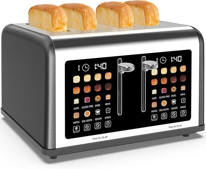 4 Slice Toaster Touch Screen, Stainless Steel Toasters Digital Timer, Dual Control Panel Toasters... | Amazon (US)