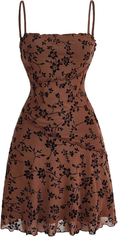 Verdusa Women's Lettuce Trim Floral Print Mesh Sleeveless A Line Short Cami Dress | Amazon (US)