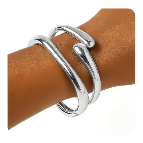 PEALICIOUS 2PCS Chunky Silver Bracelet, Chunky Bangles Silver Bangles for Women Adjustable Twist Cuff Bracelet Set as Chunky Silver Jewelry Bracelets Cuff Accessories for Party | Amazon (US)