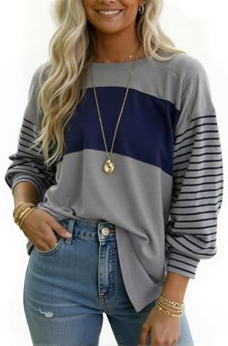 Womens Oversized Striped Shirts Long Sleeve Pullover Tops Crew Neck Color Block Casual Blouses | Amazon (US)