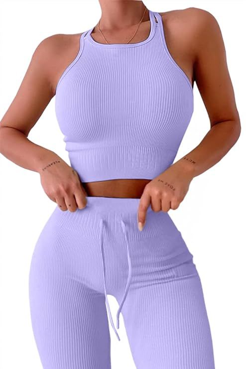 QINSEN Seamless Workout Outfits for Women 2 Piece Ribbed Crop Tank High Waist Yoga Leggings Sets | Amazon (US)