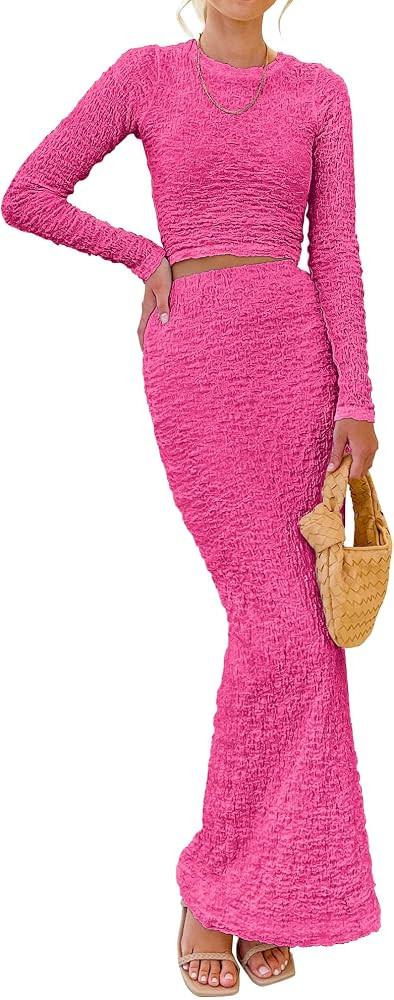 BTFBM Women's Fashion 2 Piece Outfits 2023 Fall Winter Long Sleeve Bodycon Pullover Tops Ruched M... | Amazon (US)