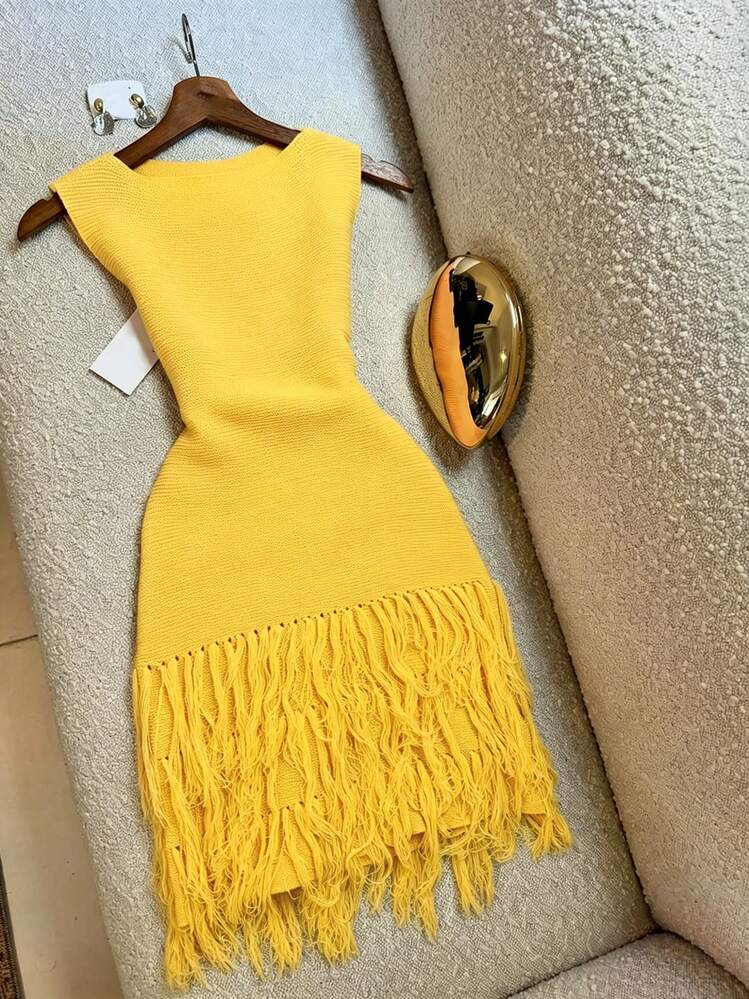2026 Spring/Summer New Women Knit Dress, Casual Vacation Sleeveless Fringed Knit Dress, Textured ... | SHEIN