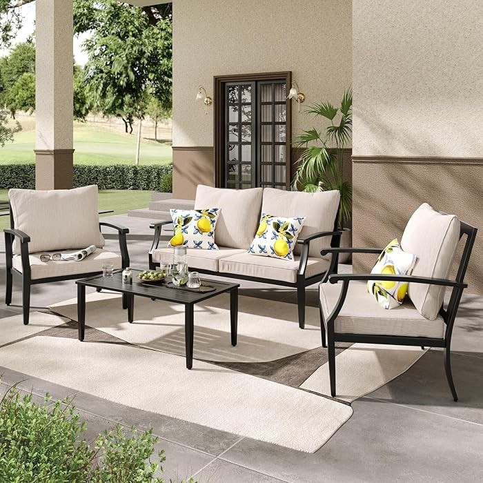 JOYURE 4 Pieces Patio Furniture Set w/loveseat,Coffe Table,Outdoor Conversation Metal Sofa with H... | Amazon (US)