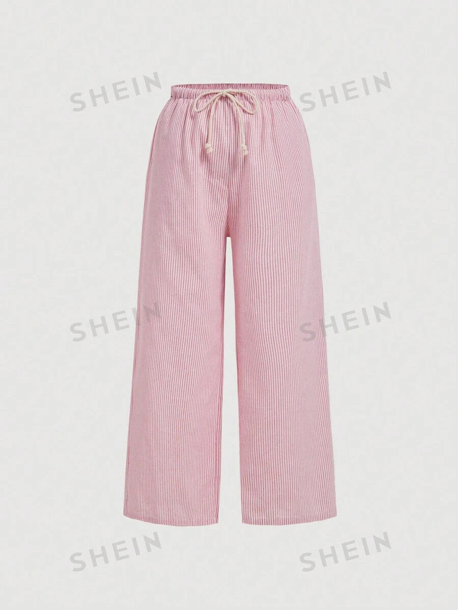 SHEIN MOD Sweet And Simple Pink Narrow Striped Cotton Tie-Waist Wide-Leg Pants | SHEIN