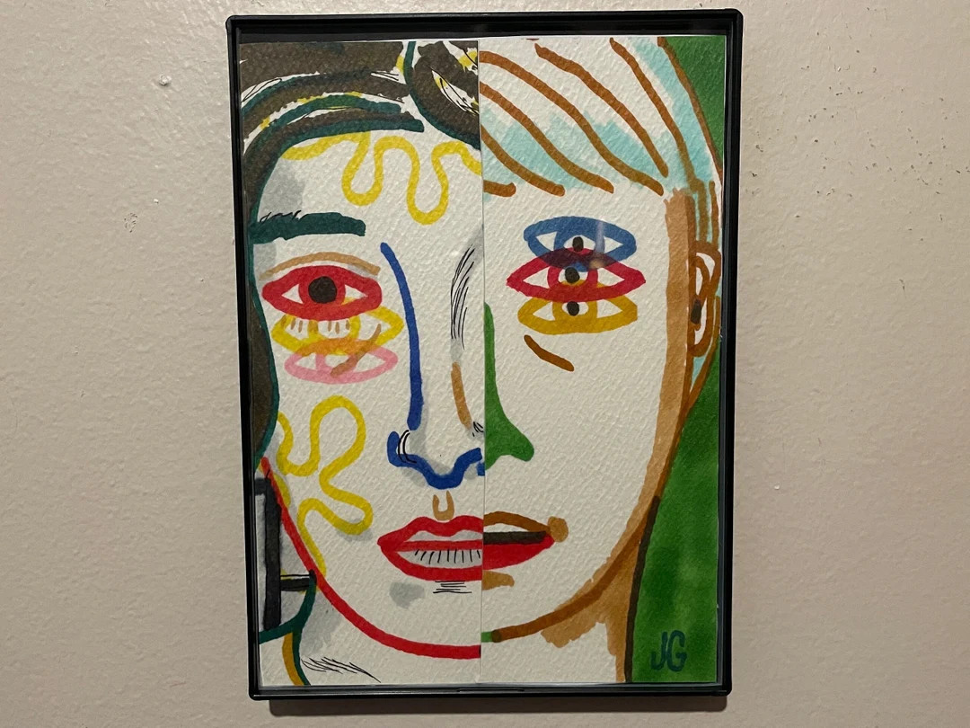 5x7 Framed Original Drawing on Paper Two Marker Drawings Cut in Half and Recombined Into One One ... | Etsy (US)