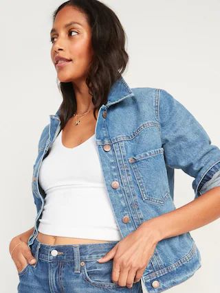 Cropped Light-Wash Workwear Jean Jacket for Women | Old Navy (US)