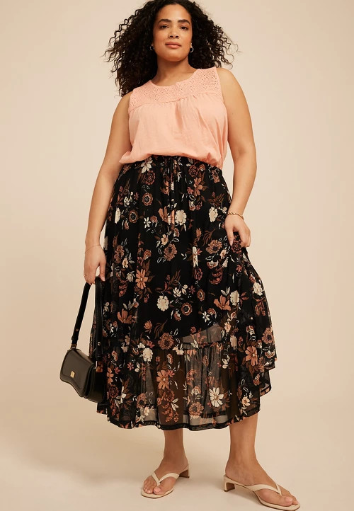 Plus Size Floral Mesh Mesh Tiered Midi Skirt | Maurices