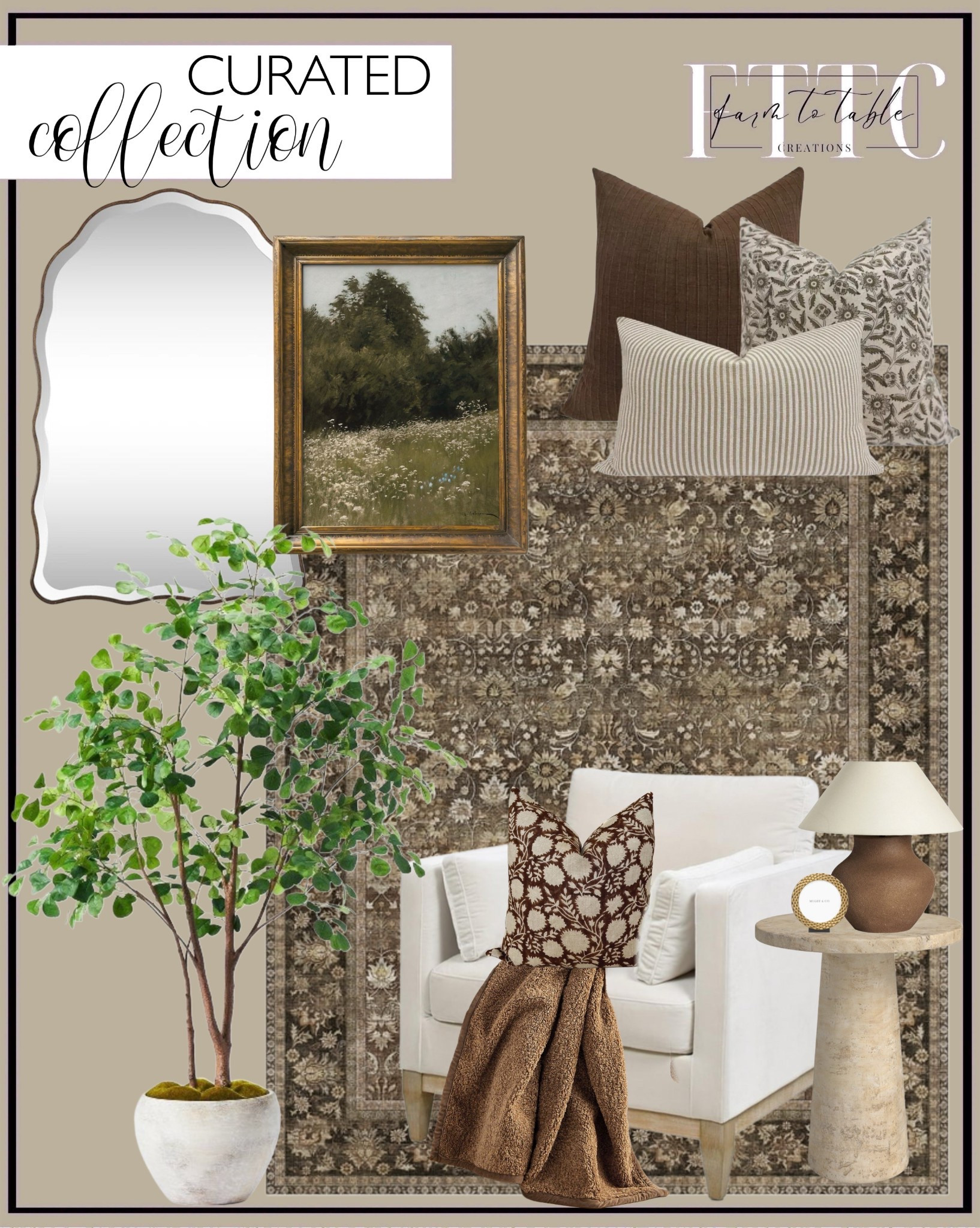 Curated Collection. Follow @farmtotablecreations on Instagram for more inspiration.

Large Brown Area Rugs Vintage Oriental Traditional Rugs for Living Room. Cuaron End Table. Modern Arm Chair. Vintage Summer Meadow Print.  PILLOW COMBO || Set Of Three Pillow Covers, Moody Pillow Combo, Sofa Combo, Sofa Pillow Set, Pillow Combo.  72" Artificial Ficus Tree - Threshold designed with Studio McGee. Parma Table Lamp. Raina Frame. Faux Fur Throw. Katerina Wood Arch Wall Mirror. 

Living Room | Bedroom Furniture | nightstands | Home Decor| Fireplace Decor | Spring Refresh |  Bedroom Finds | Neutral Stems | Spring Stems | Bookshelf Decor | Bedroom Space | Cozy  Corner | Bathroom | Curated Entryway | Spring  Decor | End of Year Clearance | Trending Decor | Viral Decor  | Coffee Table Decor | Neutral Decor | Stem Sale | Target Finds | Skinny Bench | Bedroom | Living Room | Breakfast Nook | Amazon Home | Target Sale | Loloi Rugs | Magnolia Home | console table | console table styling | faux stems | entryway space | front porch decor | neutral decor | entryway decor | cozy home | affordable decor |  home decor | home inspiration | console styling | entryway rug | cozy moody home | moody home decor | neutral home | bathroom decor | living room | spring decor | Hearth & Hand | Studio McGee | 2025 Home Trends | trending home | Crate&Barrel 




#LTKSaleAlert #LTKFindsUnder50 #LTKHome