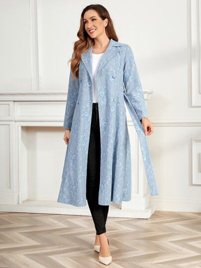Floral Jacquard Double Breasted Lace Belted Trench Coat | SHEIN