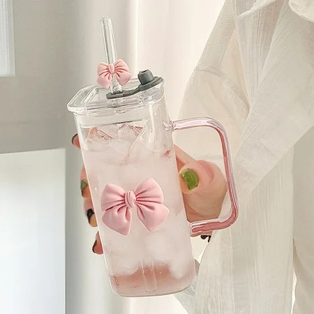 400ML Valentine Decor Pink Bow Handle Glass Cup Straw Lid Clear Drinkware Valentine's Day Gifts Valentine Decorations for Home | Walmart (US)